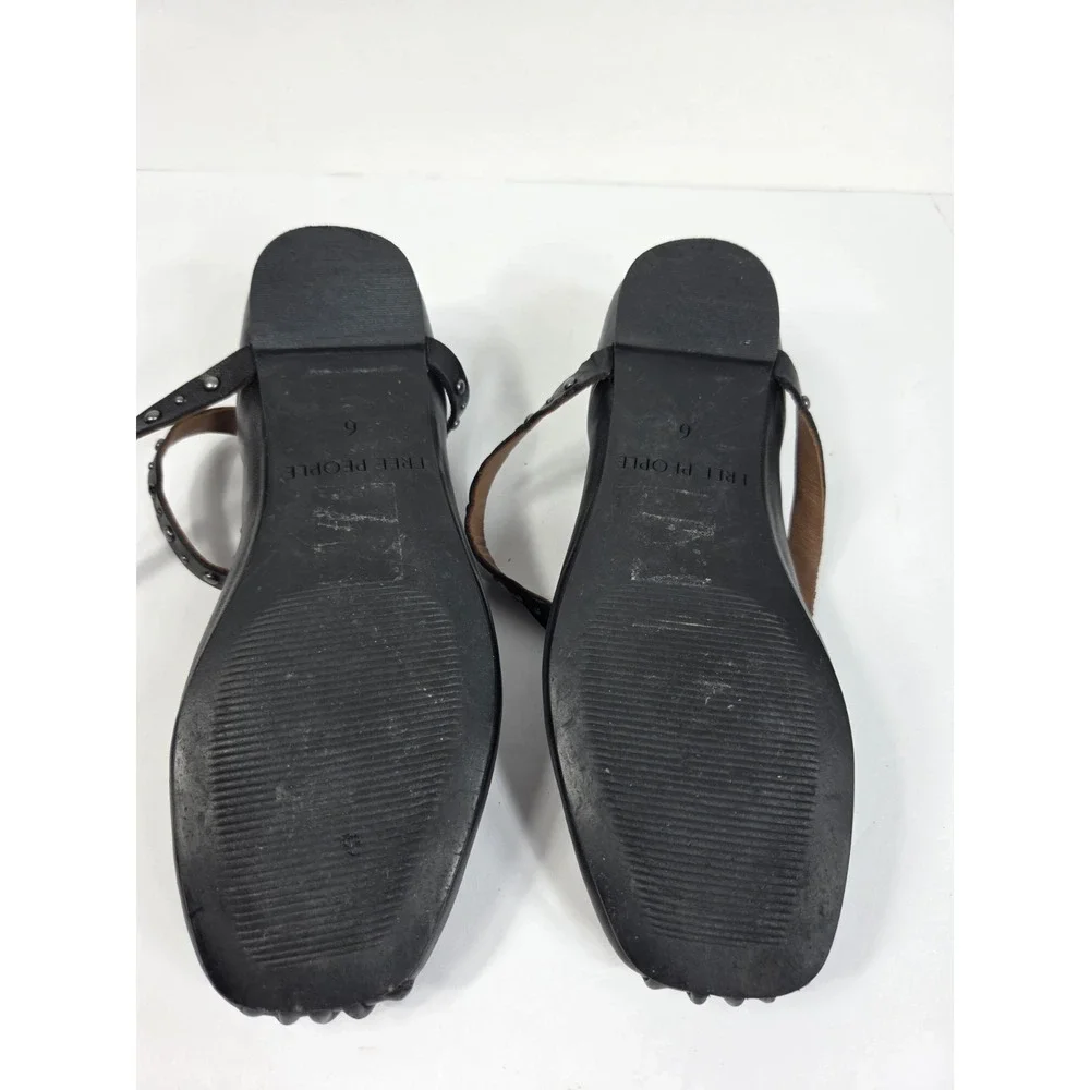Free People Grace Studded Ballet Flat Black Leather Women Sz 6 Strap Up